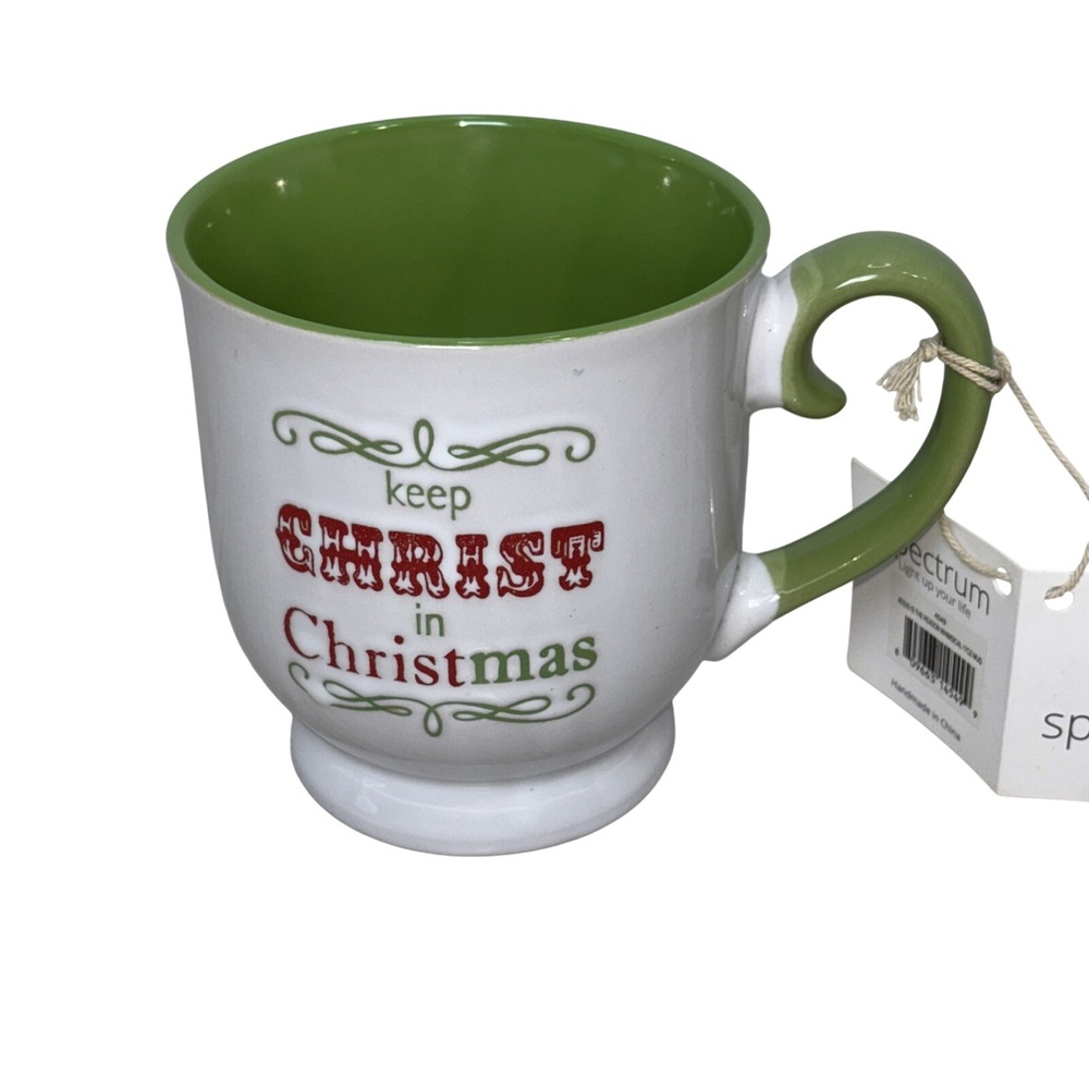 Spectrum Designz Keep Christ in Christmas Mug 17oz Green White Whimsical NWT